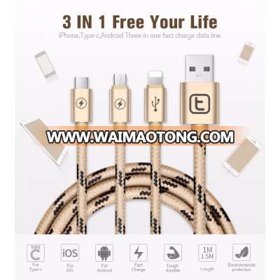 3-in-1 Multiple USB Fast Charger Cable for Lightng/Micro USB/Type C,